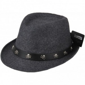 Sun Hats Mens Roll Brim Wool Felt Jazz Hat Cap with Skull Belt - Grey - CR12N8SOYC9 $16.00