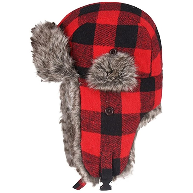 Bomber Hats Winter Trooper Trapper Hunting Faux Fur Hat Ear Flaps Aviator Snow Cap - Red Black Lattices - CD188AUKOQM $13.36