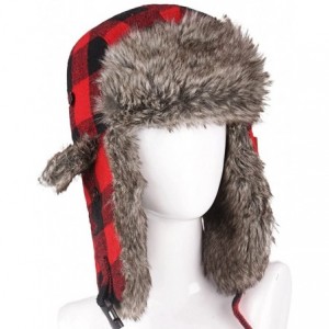 Bomber Hats Winter Trooper Trapper Hunting Faux Fur Hat Ear Flaps Aviator Snow Cap - Red Black Lattices - CD188AUKOQM $13.36