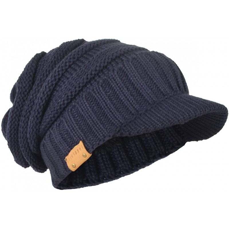 Skullies & Beanies Mens Slouch Beanie Vintage Knit Cadet Cabbie Skull Cap with Visor B319 - Ribbed-navy - CG1874NINHZ $14.70