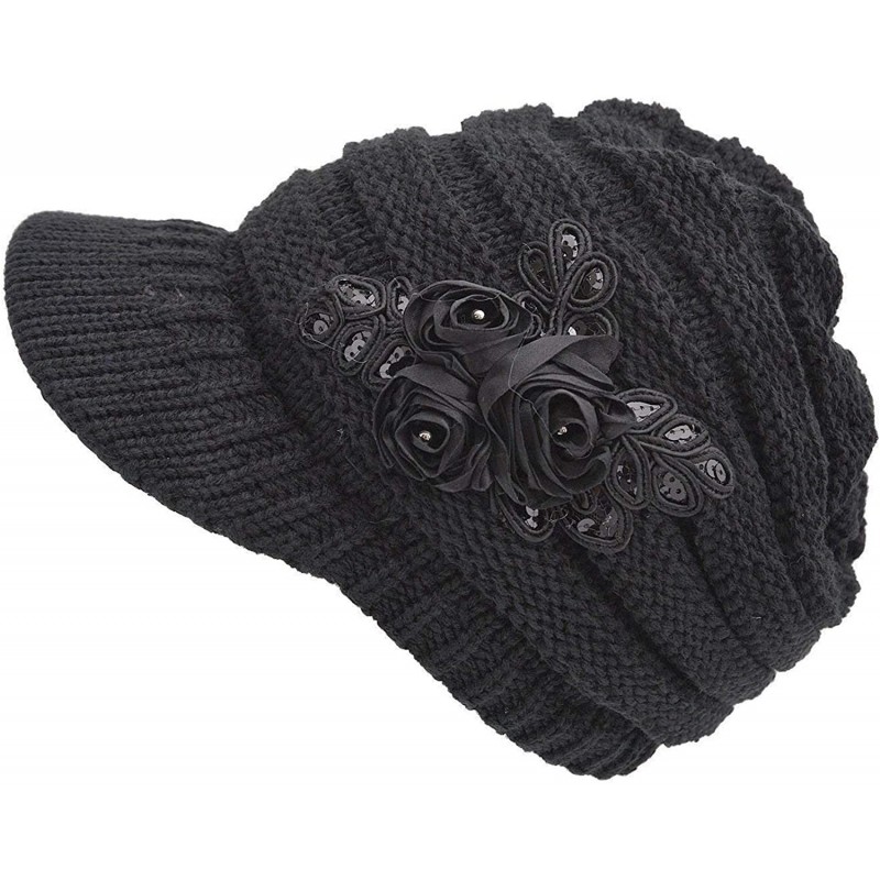 Skullies & Beanies Womens Hats Winter Beanie with Brim Warm Cable Knit Newsboy Cap Visor with Sequined Flower - A-black - CV1...