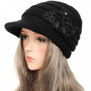 Skullies & Beanies Womens Hats Winter Beanie with Brim Warm Cable Knit Newsboy Cap Visor with Sequined Flower - A-black - CV1...