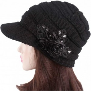 Skullies & Beanies Womens Hats Winter Beanie with Brim Warm Cable Knit Newsboy Cap Visor with Sequined Flower - A-black - CV1...