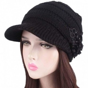 Skullies & Beanies Womens Hats Winter Beanie with Brim Warm Cable Knit Newsboy Cap Visor with Sequined Flower - A-black - CV1...