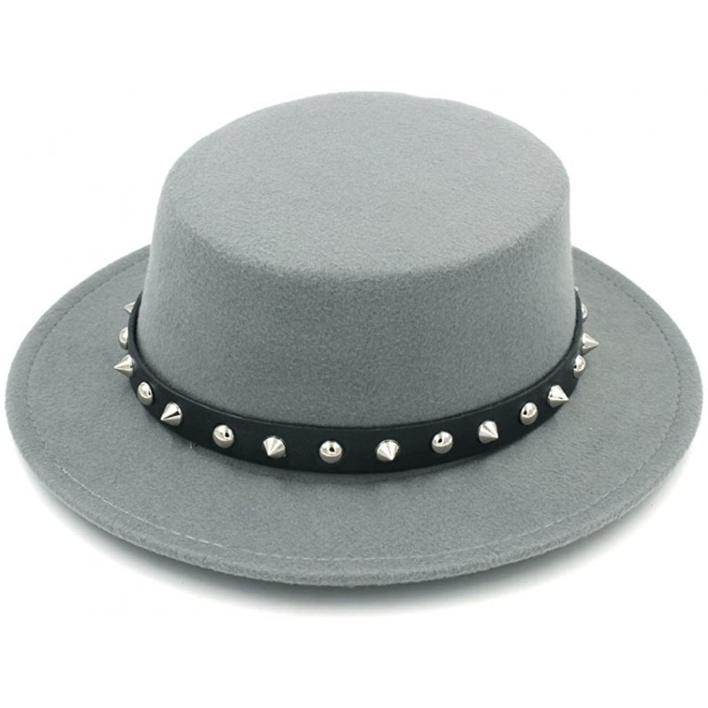 Fedoras Women Ladies Wool Blend Boater Hat Wide Brim Pork Pie Caps Rivets Leather Band - Gray - C918H39NSO0 $15.54