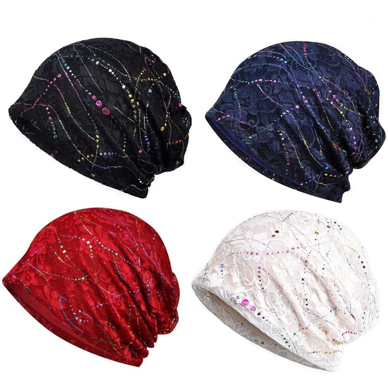 Skullies & Beanies Lace Beanies Chemo Caps Cancer Skull Cap Knitted hat for Womens - 4pack - CE18QC05G29 $22.82