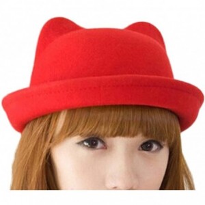 Fedoras Women's Candy Color Wool Rool Up Bowler Derby Cap Cat Ear Hat - Red - CS11NVBQW77 $8.97