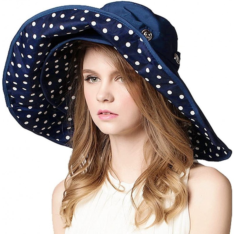 Bucket Hats Women Large Wide Brim 2in1 Floppy Travel Beach Sun Visor Bucket UPF 50+ Hat Cap - Navy Blue-polka Dots - CY12HXPY...