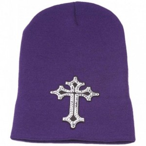 Skullies & Beanies Winter Cuffless Beanie w/Studded Cross - Purple - CF128DF604F $10.00