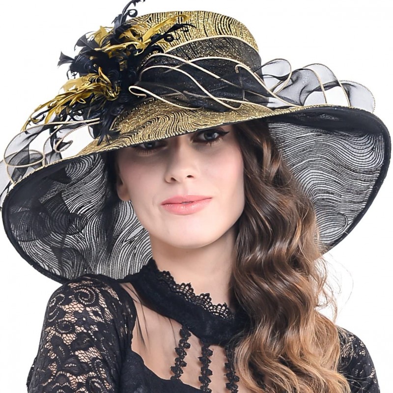 Sun Hats Kentucky Derby Church Hats for Women Dress Wedding Hat - Feather-gold - CK18R2O87LA $25.26