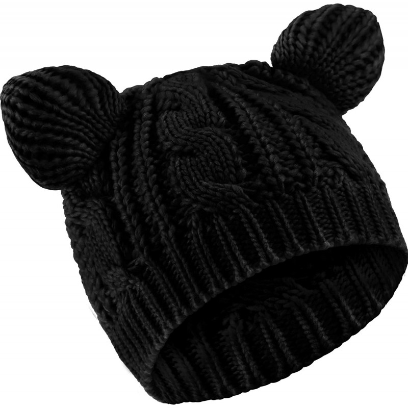 Skullies & Beanies Cat Ear Beanie Hat Cute Cat Knitted Hat Winter Knit Cable Hat for Women Girls - Black - CX18AWSXW0Y $8.21