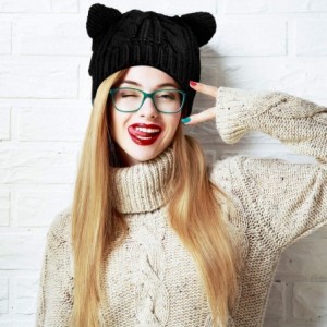 Skullies & Beanies Cat Ear Beanie Hat Cute Cat Knitted Hat Winter Knit Cable Hat for Women Girls - Black - CX18AWSXW0Y $8.21